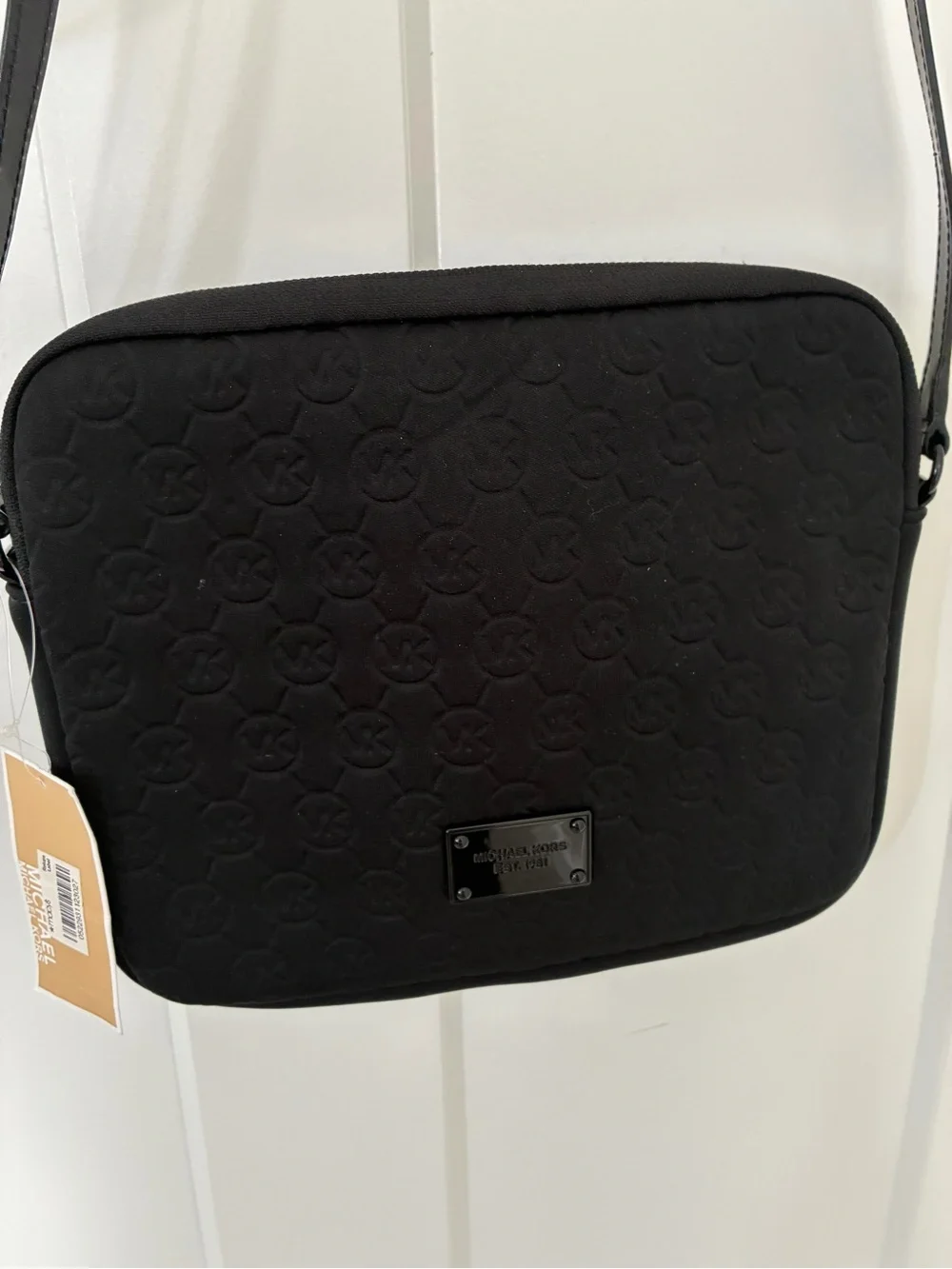 NWT Michael Kors Black Neoprene Embossed MK Logo Crossbody Tech Bag